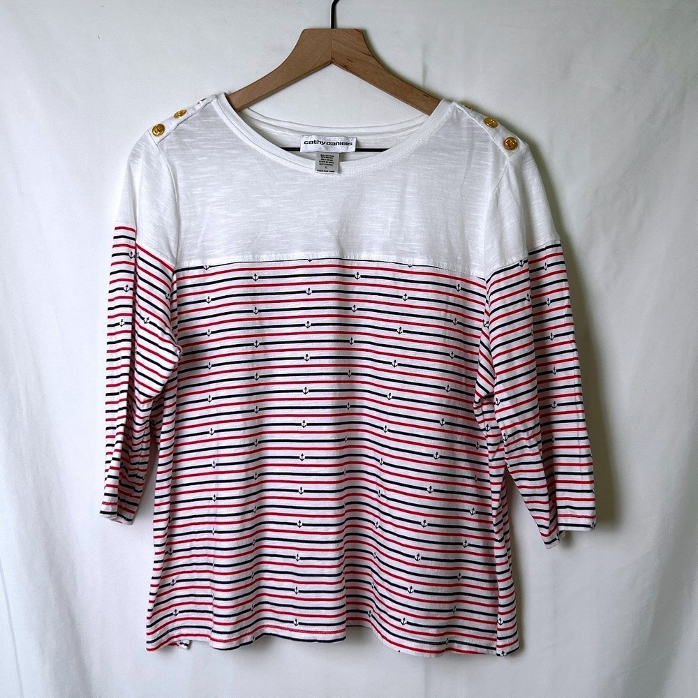 Cathy Daniels Womens Nautical Anchor Stripe Button Shoulder Top Size L White Red